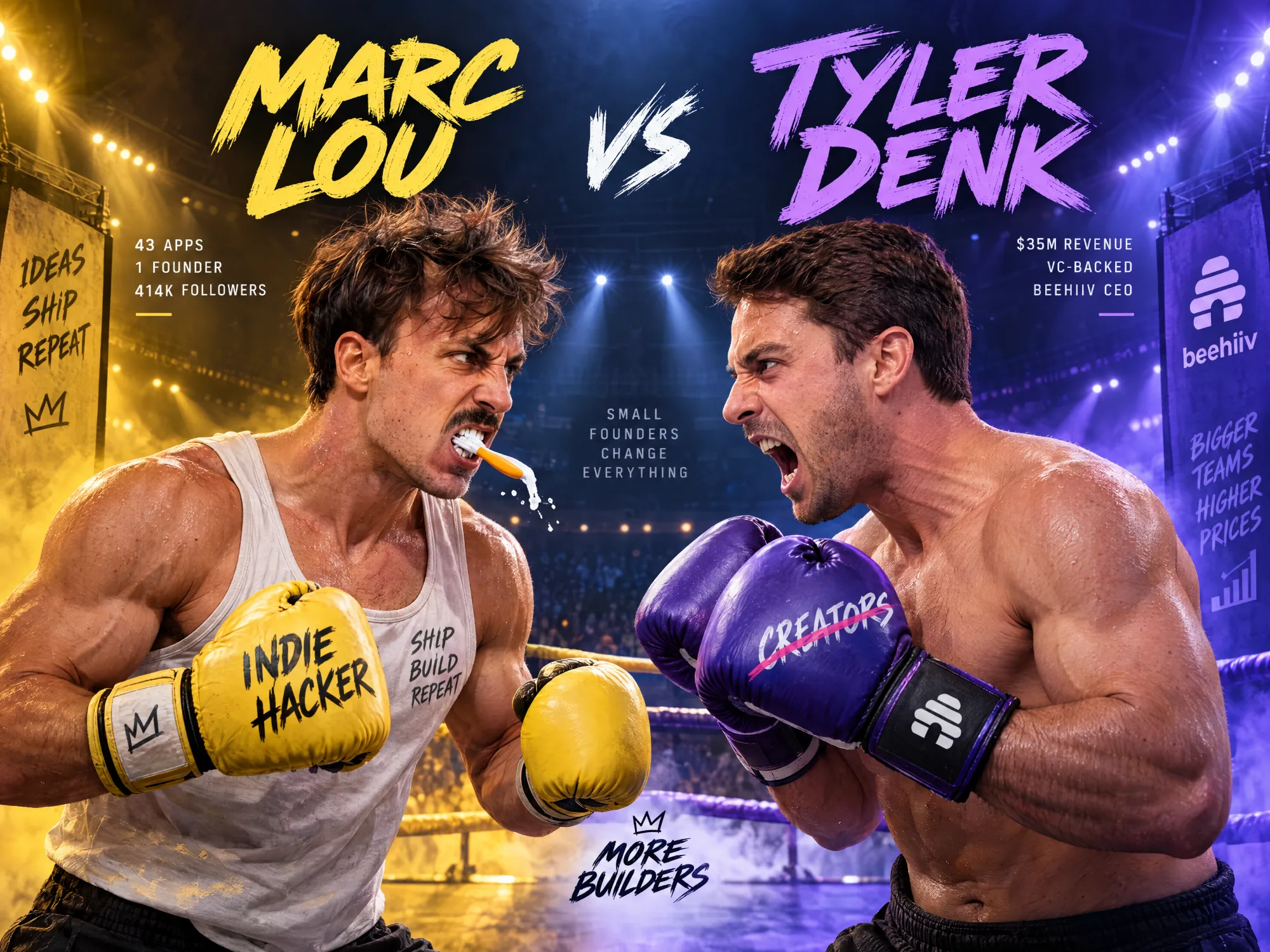 Fight poster: Marc Lou in yellow gloves marked Indie Hacker faces Tyler Denk in purple gloves with the word Creators crossed out.